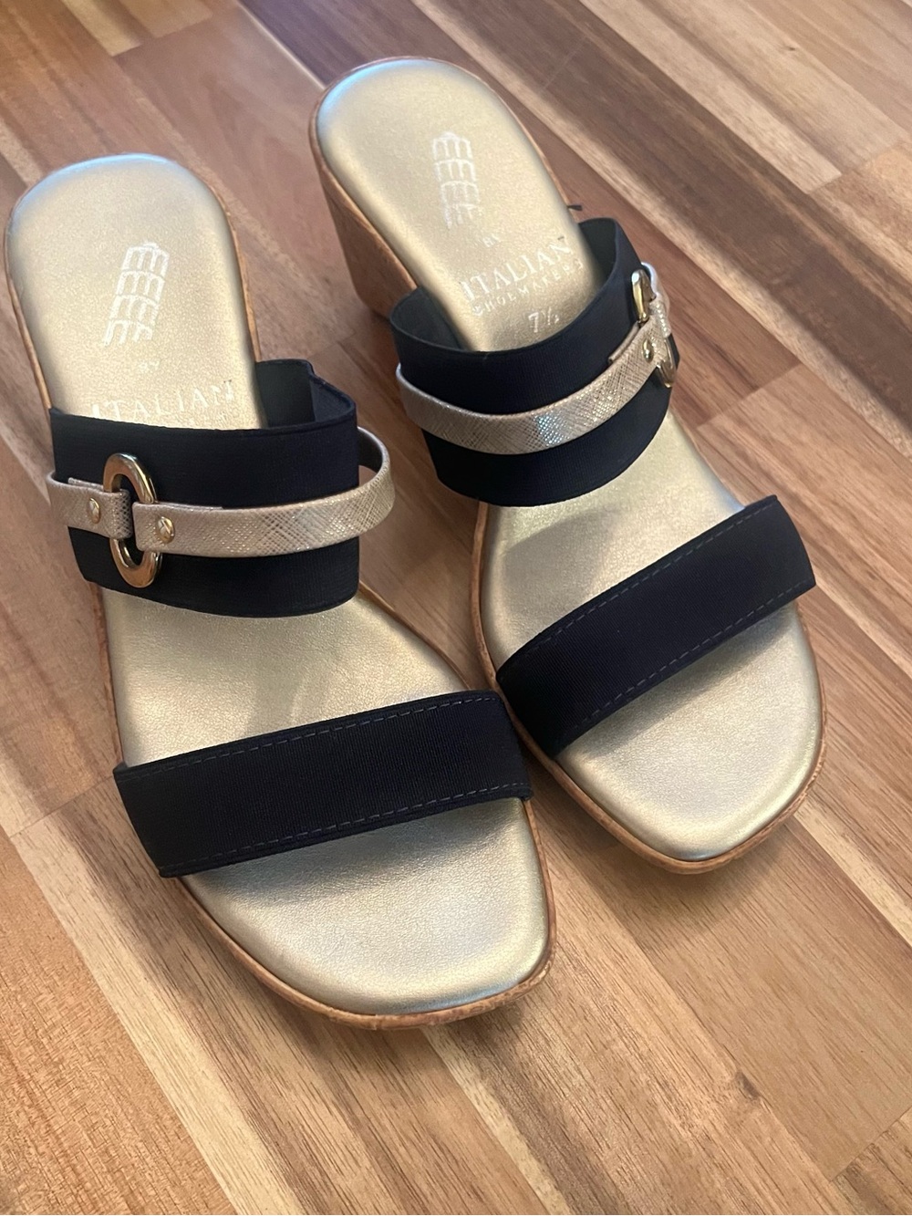 Italian Shoemakers Black and Gold Two-Strap Wedge Mules